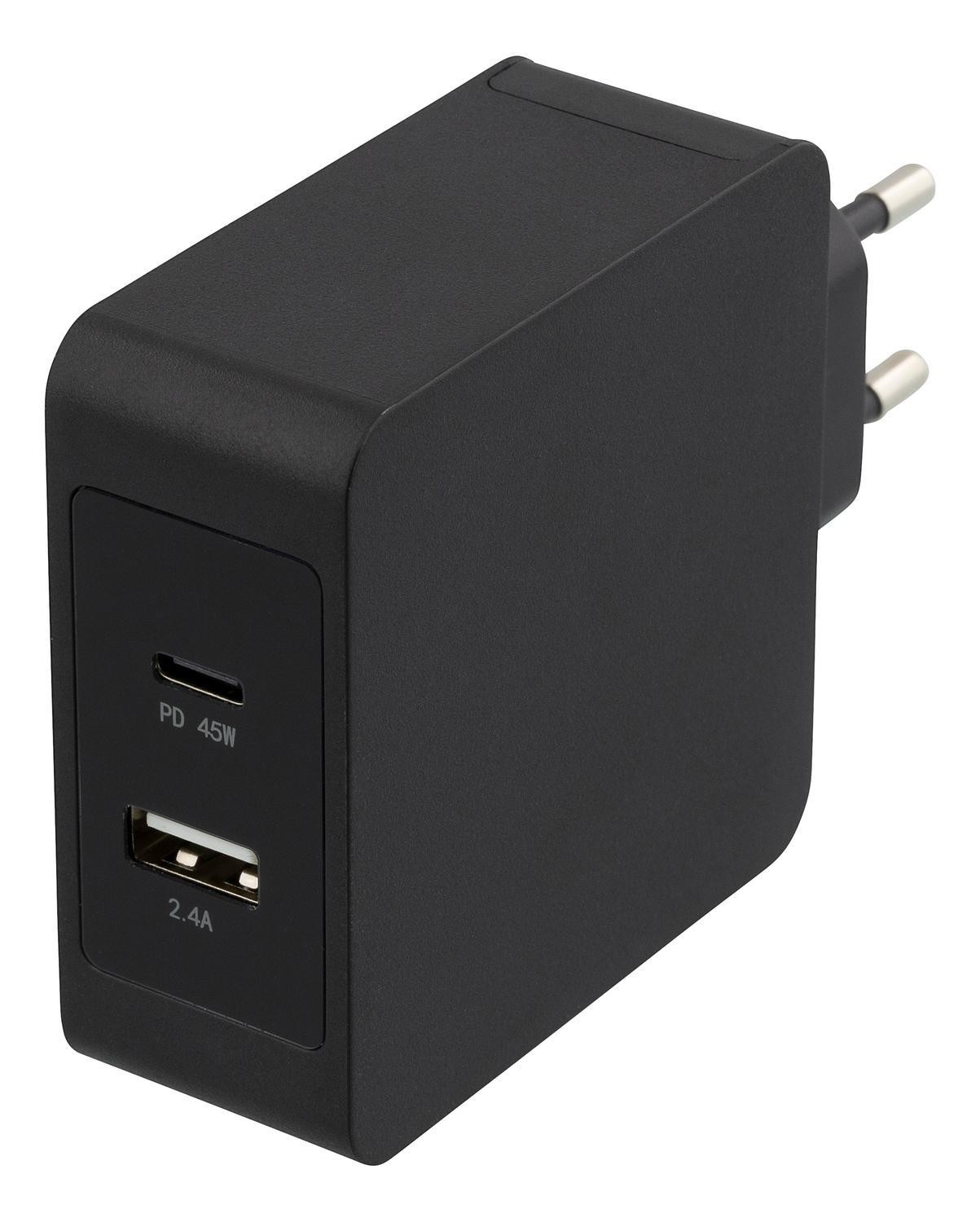 Deltaco 53W USB-C Nätadapter, QC 3.0, USB-C PD 45W, USB-A 5V 12W, svart