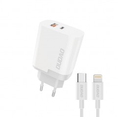 Dudao snabbladdande 22.5W USB-C och USB-A strömadapter inkl 1m USB-C till lightning-kabel