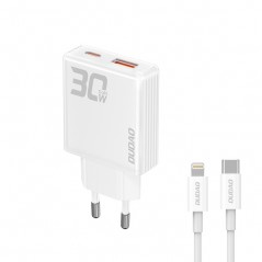 Dudao AC-adapter väggladdare GaN 30W med 1 USB-C och 1 USB samt Lightning-kabel